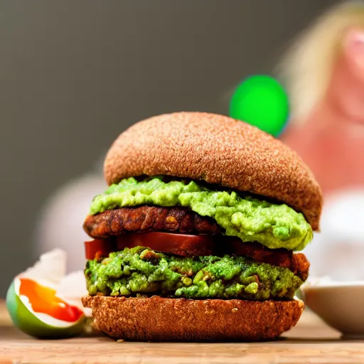 Image similar to vegan hamburger with guacamole topping crispy fried onion topping and fried egg topping, crispy buns, 8 k resolution, studio lighting, sharp focus, hyper - detailed