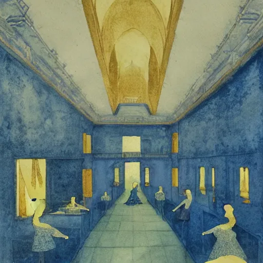 Image similar to procession of women in a blue and gold haunted liminal abandoned temple, watercolor by victo ngai, by hammershøi, art noveau, highly detailed, lights by edward hopper, liminal, eerie, bright pastel colors