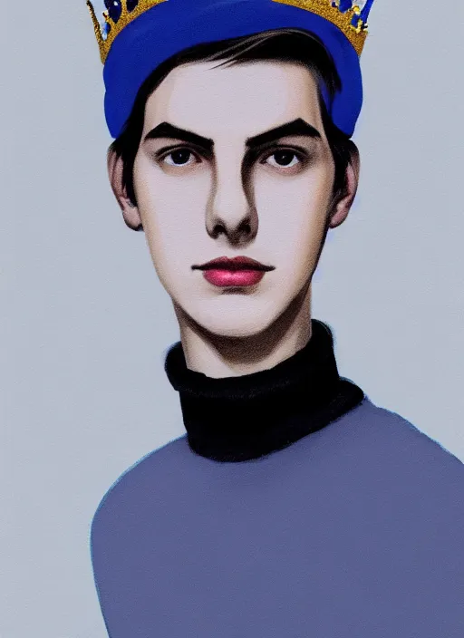 Image similar to portrait of teenage jughead jones wearing a light grey crown, crown, blue turtleneck, 1 9 5 0 s, closed eyes, photorealistic, black hair, glowing lighting, intricate, elegant, glowing lights, highly detailed, digital painting, artstation, concept art, smooth, sharp focus, illustration, art by wlop, mars ravelo and greg rutkowski