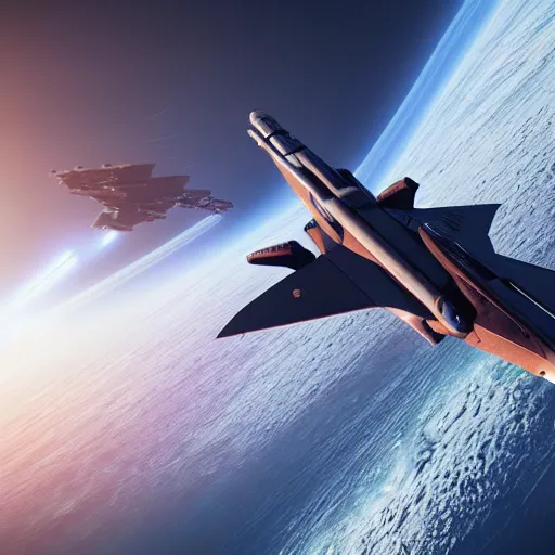 Prompt: a highly detailed elite dangerous fleet carrier flying by a beautiful planet, 4 k, octane render, ray - traced, photorealistic, nasa photography, sharp