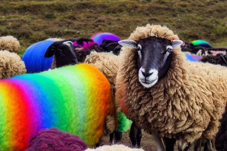 Image similar to a photo of a sheep with rainbow colored wool