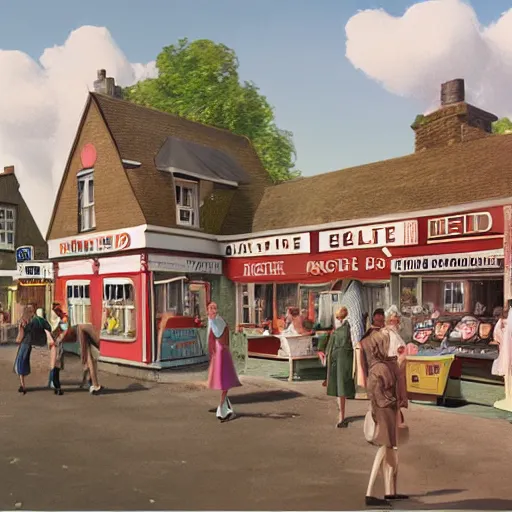 Prompt: digital matte glossy painting nostalgic 1 9 5 0 s ice cream and village britain, detailed in the style of trevor mitchell