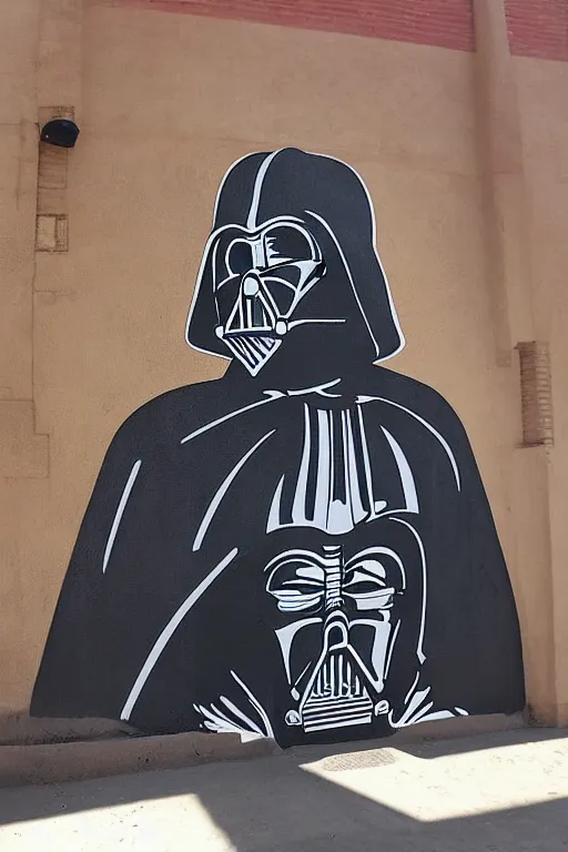 Image similar to darth vader graffiti art on the wall of a cantina on tatooine