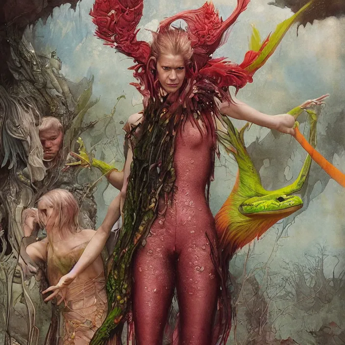 Image similar to a portrait photograph of claire danes as a brightly colored harpy amphibian hybrid with wet mutated skin. wearing a translucent organic catsuit. by tom bagshaw, donato giancola, hans holbein, walton ford, gaston bussiere, brian froud, peter mohrbacher and magali villeneuve. 8 k, cgsociety