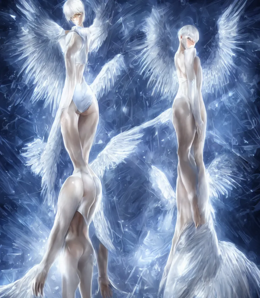 Image similar to perfect white - haired attractive egyptian goddess with large white dove wings, android body, beautiful, symmetric, dreamy, pretty face, blue eyes, detailed, scifi platform, laboratory, experiment, 4 k, ultra realistic, epic lighting, illuminated, cinematic, masterpiece, art by akihito tsukushi, voidstar