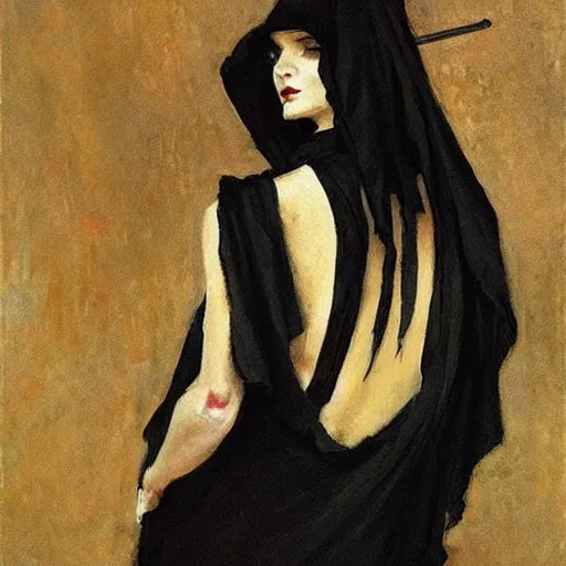 Prompt: Back view of the grim reaper as a beautiful woman, thin black lingerie, classy, long detailed ornate scythe, elegant, posing, vintage shading, award winning, by Ilya Repin, deviant art