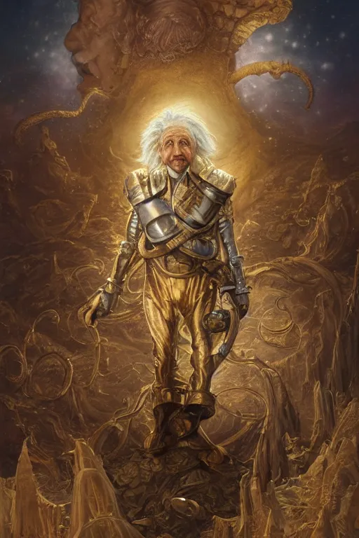 Image similar to breathtakingly beautiful painting of albert einstein in gold armor, moonlit sky, matte painting by brian froud, shaun tan, wlo and peter mohrbacher, highly detailed, intricate,, award winning artwork, trending on artstation, high quality printing, fine art with subtle redshift rendering