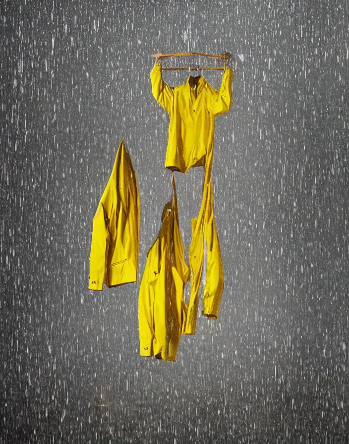 Image similar to a lone yellow zara raincoat flying hanging mid - air on a glittering rainy display designed by james terrell, we anderson, symmetry, rule of thirds