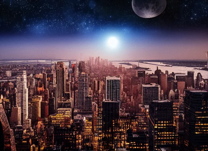 Image similar to film still of the moon shattering into pieces over manhatten in the new disaster movie, 8 k, night time