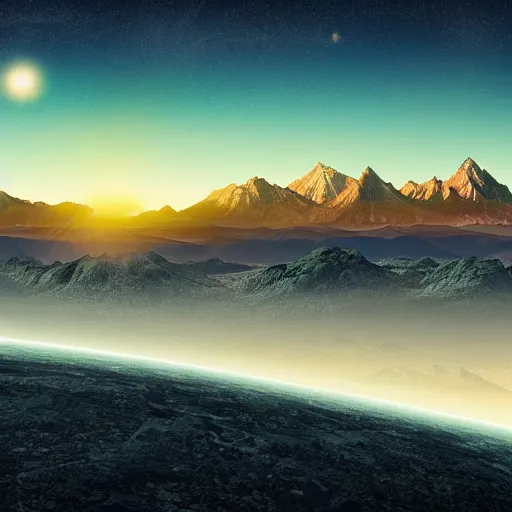 Image similar to A sunset on a distant planet with 5 suns, large mountains in the background, nebula in the sky, award-winning photograph, 8k