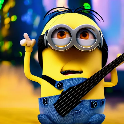 Image similar to super cute minion playing death metal on a stage, eyes closed, moody, movie still, 4k