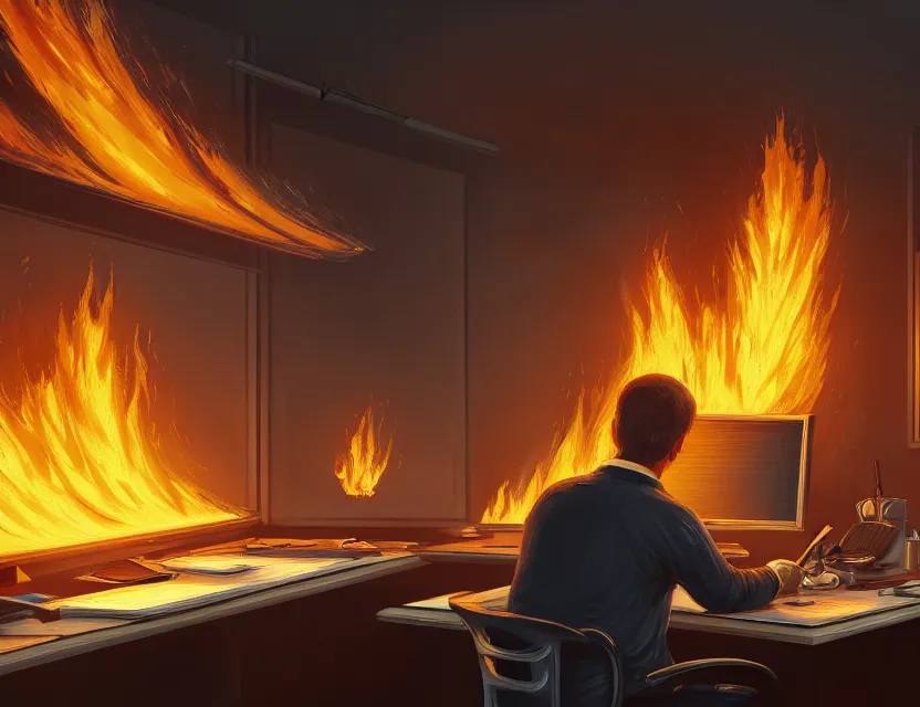 Image similar to a man works at a workstation in a very big office with burning fires, close up, featured in artstation, intricate, ultra detailed, digital painting, concept art, wide - angle lens, sharp focus, illustration, 8 k