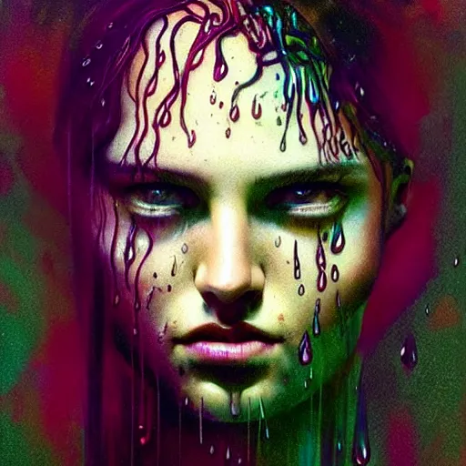 Image similar to dramatic asthetic portrait of LSD in rain with wet hair and face, liquid, fantasy, intricate, elegant, dramatic lighting, highly detailed, lifelike, photorealistic, digital painting, artstation, illustration, concept art, smooth, sharp focus, art by John Collier and Albert Aublet and Krenz Cushart and Artem Demura and Alphonse Mucha