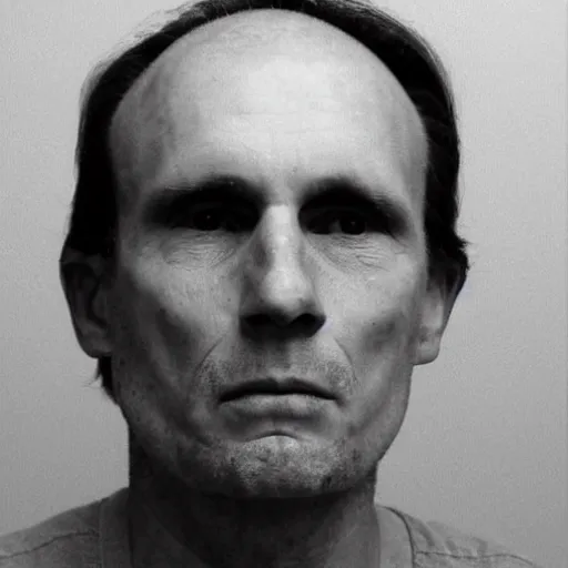 Prompt: A mugshot portrait of a middle aged older man who looks like Jerma985 with a receding hairline and short mid-length wavy hair, wearing mid-1980s menswear in the late 2008, taken in the late 1980s, grainy, realistic, hyperrealistic, very realistic, highly detailed, very detailed, extremely detailed, detailed, trending on artstation, front facing, front view, headshot and bodyshot, detailed face, very detailed face