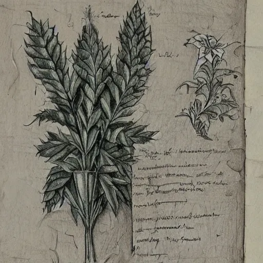 Prompt: an ancient drawing from a herbalist journal showing strange herbs, pencil, notes, old paper, heavy details.