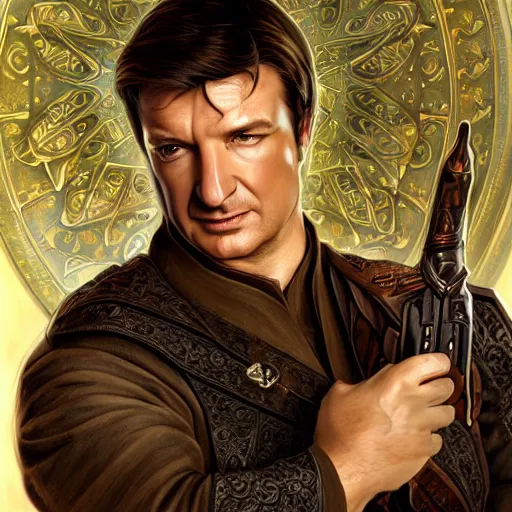 Prompt: Nathan Fillion the high king of gondor, intricate, elegant, highly detailed, digital painting, 4k, HDR, concept art, smooth, sharp focus, illustration, art by artgerm and H R Giger and alphonse mucha