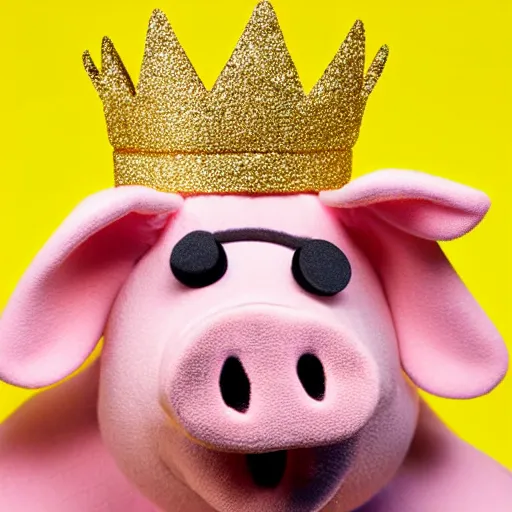 Image similar to studio photograph of a smiling pig depicted as a muppet wearing a gold crown eating from a snack bag with a yellow background, front view