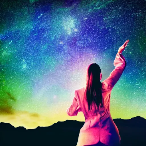 Image similar to a beautiful landscape of a starry sky with an beautiful woman waving to the horizon, cinematic, dramatic, color grading, photojournalism, colorful, highly detailed, album cover, with text vystava