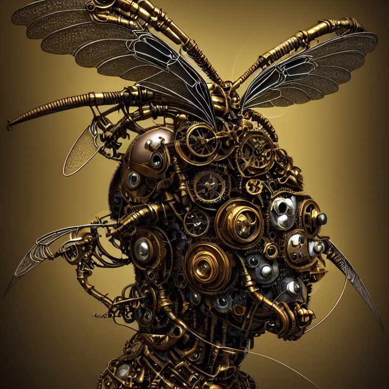 Prompt: steampunk cybernetic biomechanical hornet with wings, 3 d model, very coherent symmetrical artwork, unreal engine realistic render, 8 k, micro detail, intricate, elegant, highly detailed, centered, digital painting, artstation, smooth, sharp focus, illustration, artgerm, tomasz alen kopera, wlop