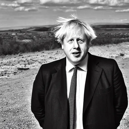 Image similar to Boris Johnson in a desolate wasteland surrounded by horryfying shadow monsters, black and white photo