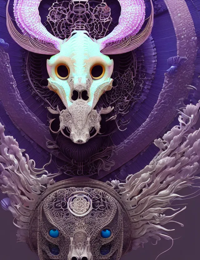 Image similar to 3 d goddess close - up profile solarpunk portrait ram skull. beautiful intricately detailed japanese crow kitsune mask and clasical japanese kimono. betta fish, jellyfish phoenix, bio luminescent, plasma, ice, water, wind, creature, artwork by tooth wu and wlop and beeple and greg rutkowski