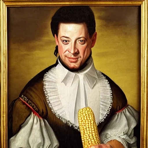 Image similar to a 1 6 0 0 s portrait painting of brendan fraser holding corn, intricate, elegant, highly detailed