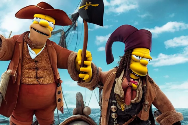 Image similar to promotional image of Homer Simpson as a pirate in the new Pirates of the Carribean movie, realistic, detailed face, movie still frame, promotional image, imax 70 mm footage
