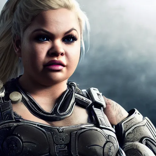 Prompt: Portrait of trisha paytas in Gears of War, splash art, movie still, cinematic lighting, dramatic, octane render, long lens, shallow depth of field, bokeh, anamorphic lens flare, 8k, hyper detailed, 35mm film grain