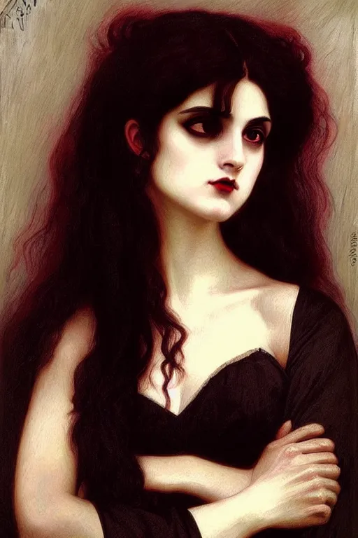 Image similar to victorian vampire black hair, painting by rossetti bouguereau, detailed art, artstation