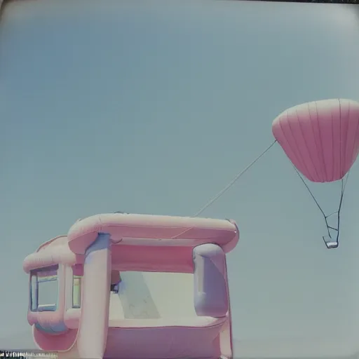 Image similar to a pastel colour Polaroid photo from a holiday album at a seaside abstract inflatable parachute object, all objects made of transparent iridescent Perspex no people, nostalgic