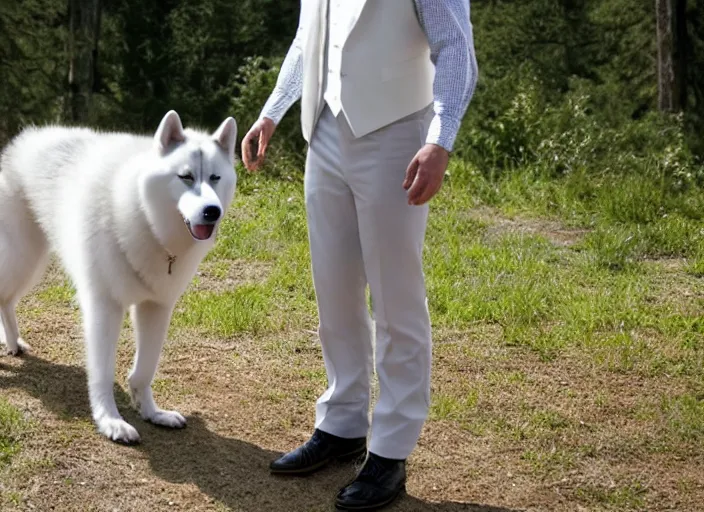 Image similar to film still of an anthropomorphic standing upright man dog white vested husky!!!!!! in a white vest wearing a white vest!!!!! in the new sci - fi movie, 8 k