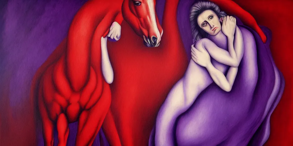 Prompt: only with purple, ney motogrosso in love with a red stallion, too many hands in all directions, in hoc signo vinces, waterfall, in the style of leonora carrington, gottfried helnwein, intricate composition, blue light by caravaggio, insanely quality, highly detailed, masterpiece, red light, artstation