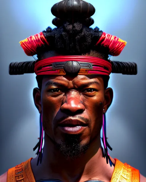 Image similar to face portrait of jimmy butler as a muscular ronin samurai, wearing a haori, by wlop and peter mohrbacher, dramatic action pose, extremely detailed shading, concept art, digital painting, trending on artstation, unreal engine 5, octane render, atmosphere, glow, cinematic lighting, full of color