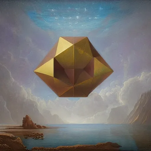 Prompt: a highly detailed oil painting of an icosahedron floating above a lake, Agostino Arrivabene