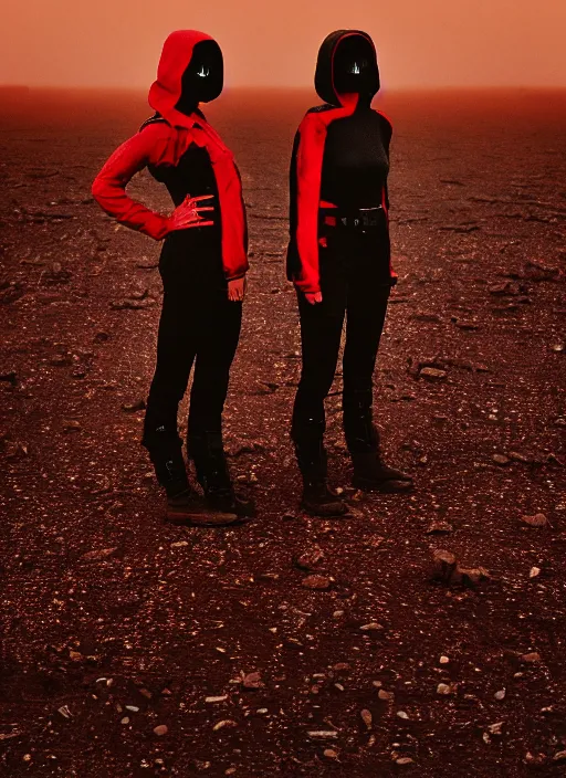 Prompt: cinestill 5 0 d 3 5 mm photographic portrait of two loving female androids wearing rugged black techwear on a desolate plain with a red sky, extreme closeup, lizard on ground, cyberpunk style, a brutalist dark metal facility in background, dust storm, 8 k, high resolution, f / 3. 2, ultra realistic faces