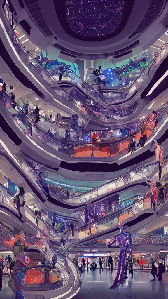 Image similar to interior of pristine intergalactic spaceship, department shopping mall, complex escalator system, futuristic glowing temple with fashion mannequins display, at night and cluster of shopping customers, by makoto shinkai, moebius!, oliver vernon, joseph moncada, damon soule, manabu ikeda, kyle hotz, dan mumford, by kilian eng