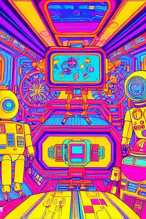 Image similar to a brightly colored drawing of a room with a bed in an 8 0 s art deco international space station, robots, led screens, droids, a detailed painting by lisa frank, james jean, kilian eng, moebius, featured on deviantart, psychedelic art, psychedelic, dmt