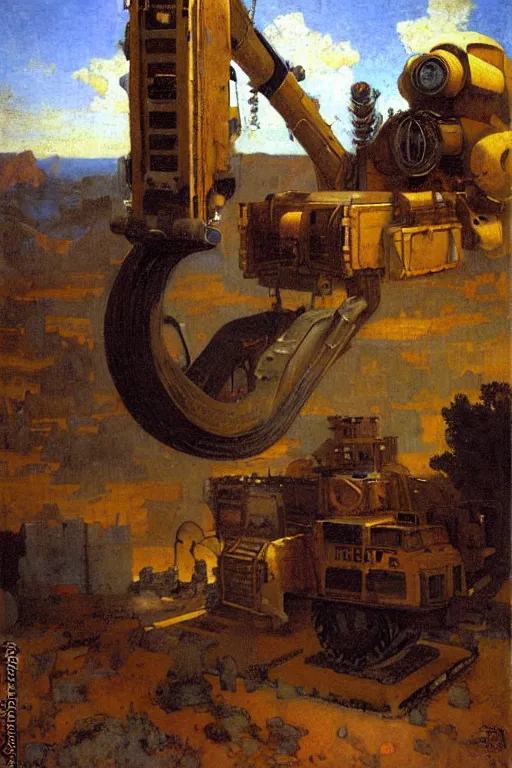 Image similar to fallout, huge machine robot, cool tint, painting by, gaston bussiere, johannes vermeer