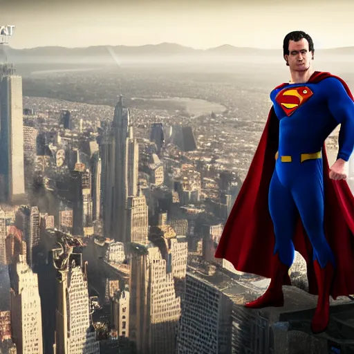 Image similar to Incredible cinematic realistic image of Henry Cavill dressing up the cape as Superman at top of empire state, trending on artstation, matte painting, hyper realistic, unreal engine render