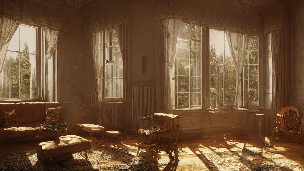 Image similar to richly decorated Victorian house, beautiful, detailed wood, photorealistic, photorealism, the autumn light comes in through a window, diffuse light, octane render