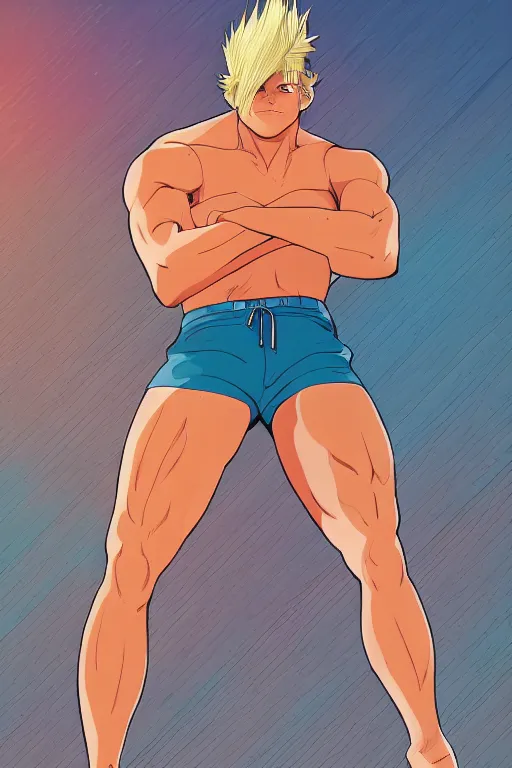 Image similar to a handsome man with blonde hair who is also a male android, ken, muscular, wearing a cut-off white tank top and short light orange shorts, stands by a swimming pool, facing forward, in the style of artgerm and moebius and annie liebovitz, photorealistic, highly detailed