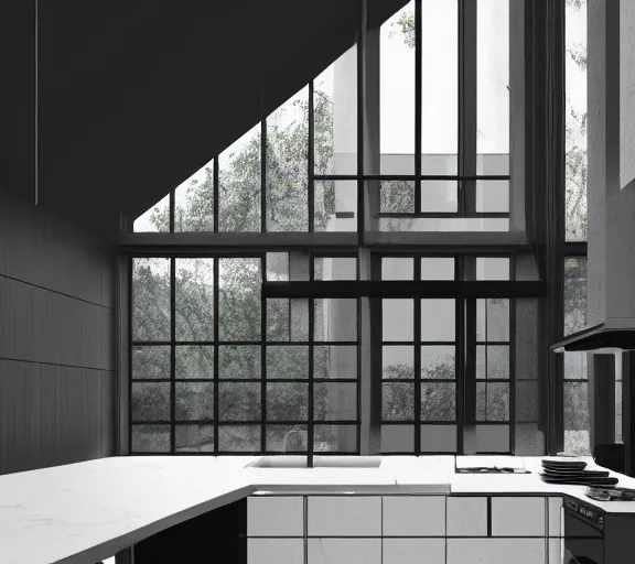 Prompt: brutalist black house kitchen tall ceilings windows interior design minimalist furniture ominous dark powerful giant open space high quality octane render