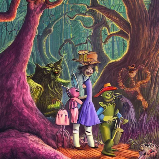 Image similar to a scene of colorful cartoon monsters in the clearing of a dark fantasy forest surrounded by darkness. hyperrealist illustration. muted colors. 1 9 7 0's pulp science fiction and fantasy cartoon for alice in wonderland and wizard of oz. highly detailed and richly colored painting by don ivan punchatz. trending on artstation