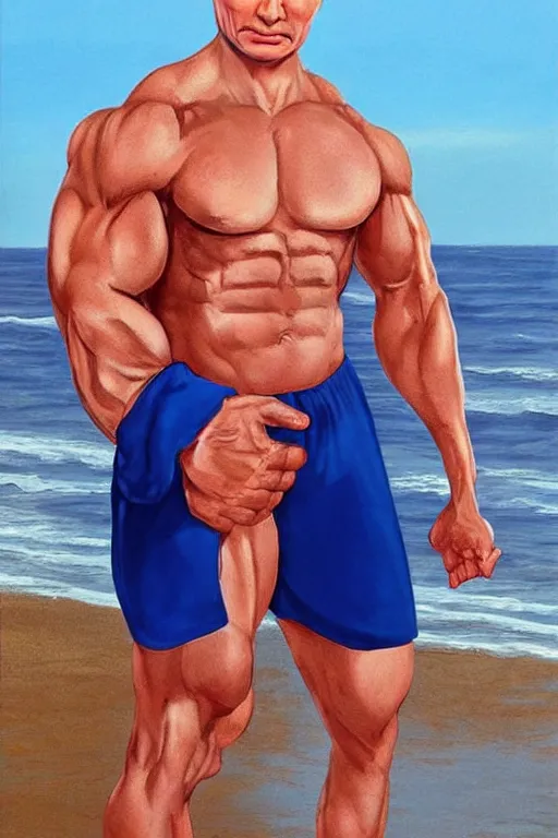 Prompt: Putin on a beach with muscles, full character, hyper realistic, highly detailed