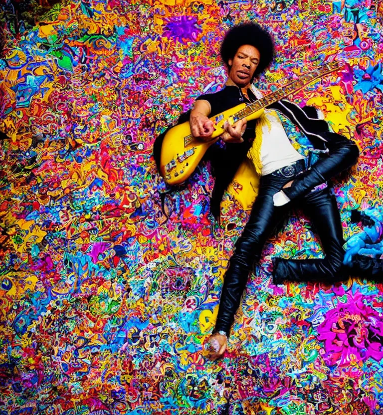 Image similar to ultrawide angle colour photography, fujifilm, jimi hendrix full body shot