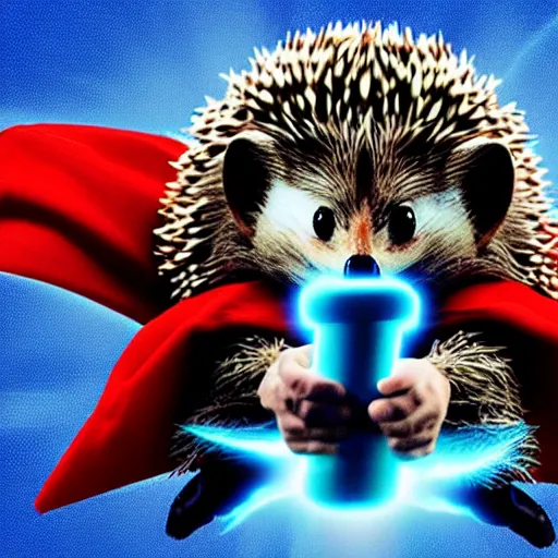 Image similar to the hedgehog thor ~ holding his hammer ~ dramatic thunder background ~ fighting scene ~