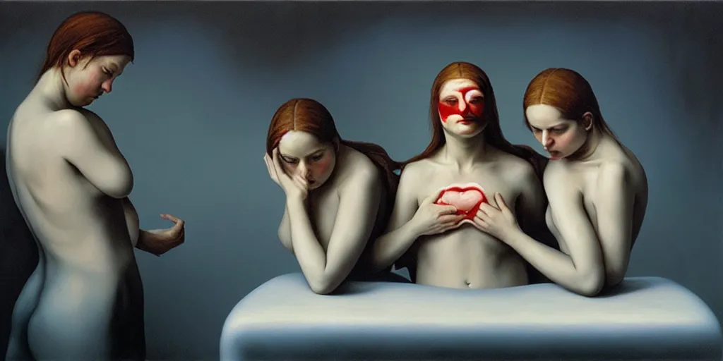 Image similar to the three fates pain pleasure suffering adventure love abstract oil painting by gottfried helnwein pablo amaringo