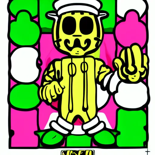 Prompt: pop - wonder - nft bugs - green sauce kaws toy y gold chain, rolex in a hand - drawn vector, svg, cult - classic - comic - style