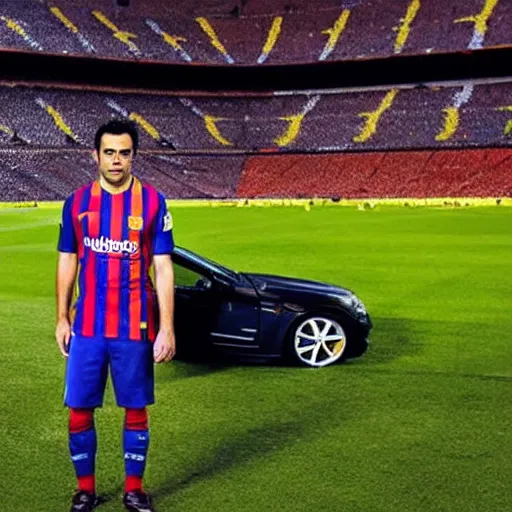 Prompt: xavi hernandez next to a crashed car, in camp nou