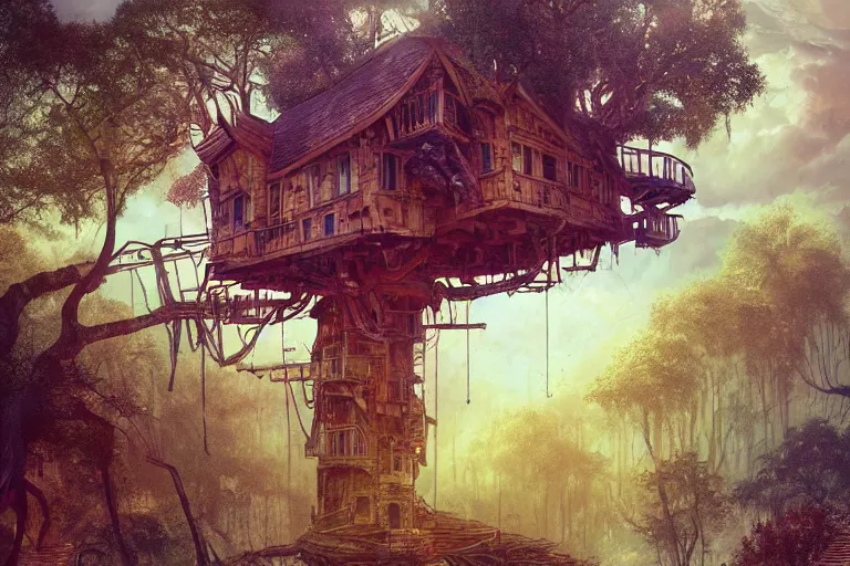 Prompt: A treehouse made out of a derelict pirate ship, the treetops of giant oaks, pub, detailed illustration, digital art, overdetailed art, concept art, highly saturated colors, detailed illustration, hd, 4k, digital art, cgsociety and beeple highly detailed, cinematic lighting, illustration, art, very coherent. high detail, Dan Mumford, Greg, Rutkowski, trending on artstation